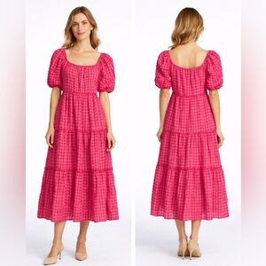 Things Between Anthropologie Pink Valentines Day Gingham Puff Sleeve Dress